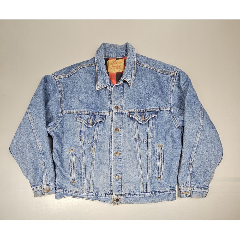 Levis Jean Trucker Jacket Mens Large. Vintage Buffalo Plaid Denim Made‎ In USA.